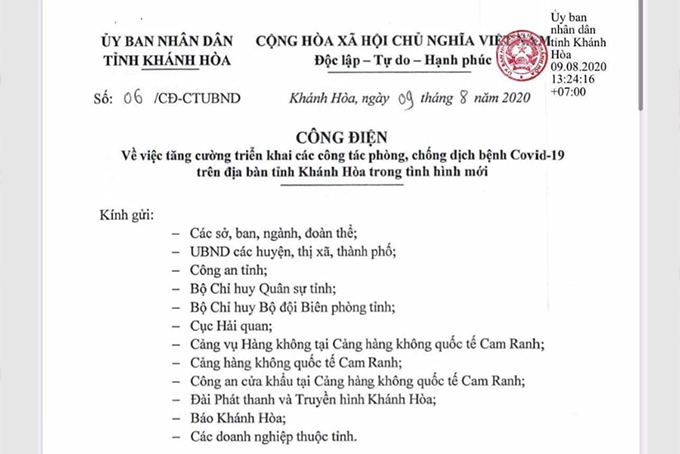 Công điện về việc tăng cường triển khai các công tác phòng, chống dịch Covid-19 trên địa bàn tỉnh Khánh Hòa trong tình hình mới