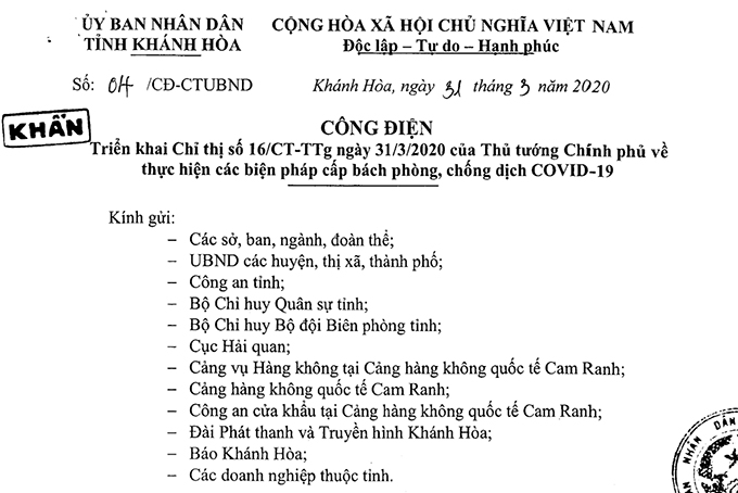 Công điện khẩn của Chủ tịch UBND tỉnh Khánh Hòa về thực hiện các biện pháp cấp bách phòng, chống dịch COVID-19
