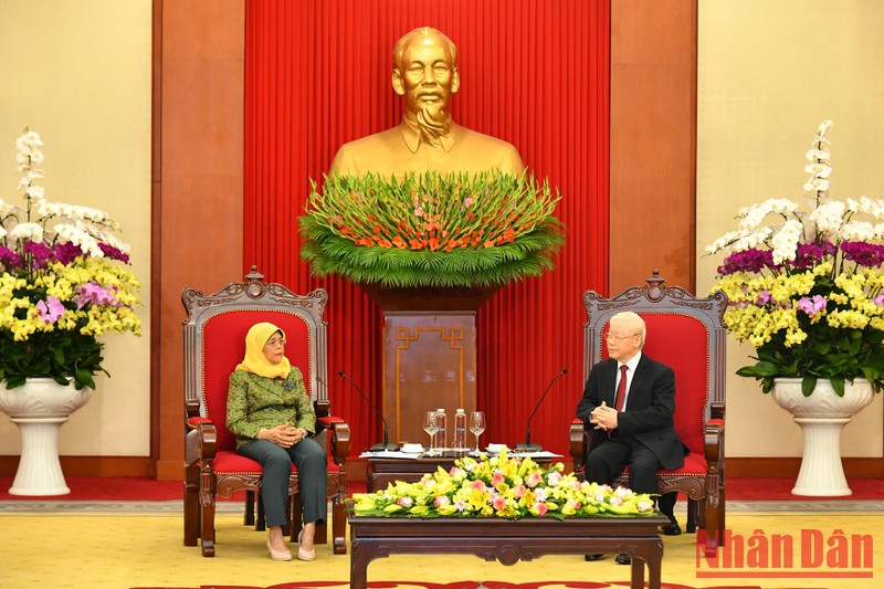 [Ảnh] Tổng Bí thư Nguyễn Phú Trọng tiếp Tổng thống Cộng hòa Singapore Halimah Yacob