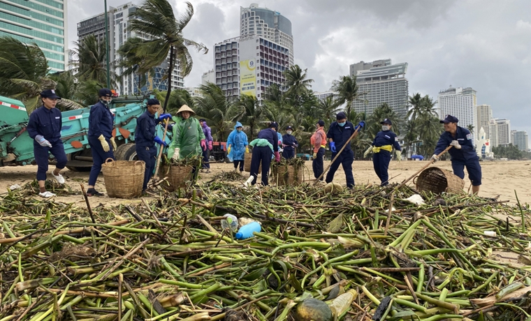 Thu gom rác sau mưa lũ ở bãi biển Nha Trang 