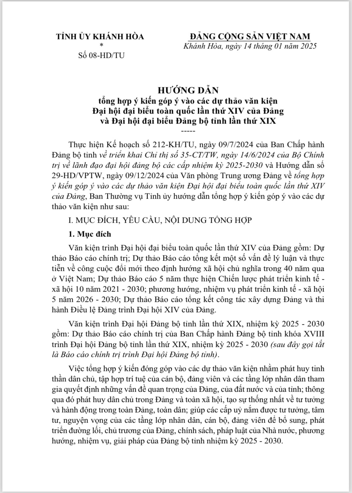 Khánh Hòa: Ban Thường vụ Tỉnh ủy hướng dẫn tổng hợp ý kiến góp ý vào các dự thảo văn kiện Đại hội đại biểu toàn quốc lần thứ XIV của Đảng và Đại hội đại biểu Đảng bộ tỉnh lần thứ XIX