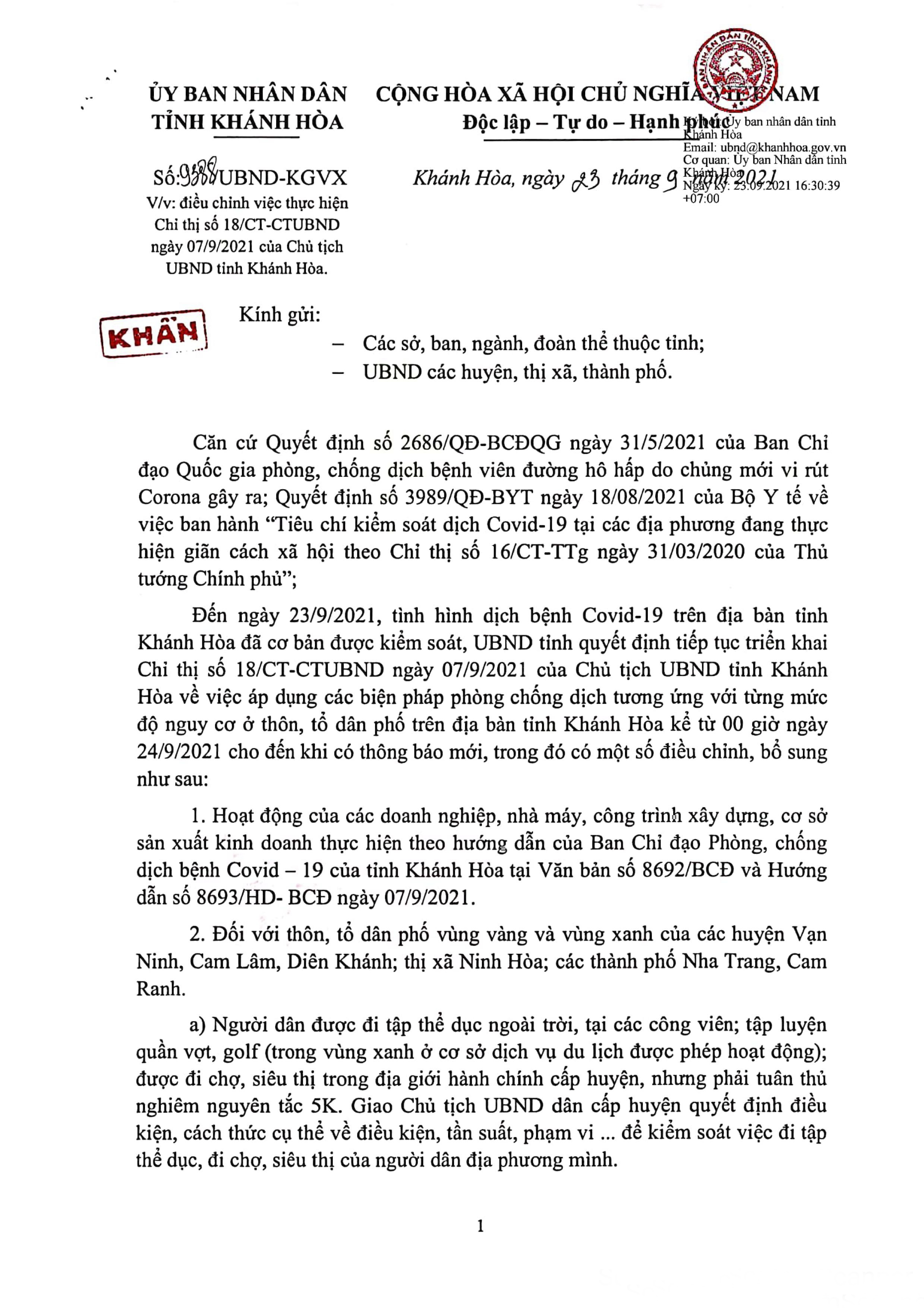 Công văn của UBND tỉnh Khánh Hòa về việc điều chỉnh thực hiện các biện pháp phòng, chống dịch Covid-19 từ ngày 24-9