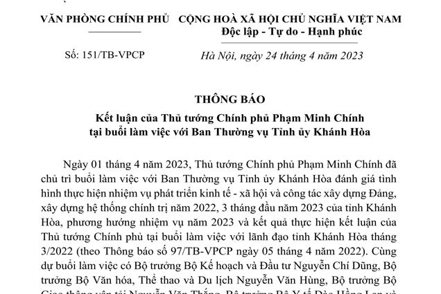 Kết luận của Thủ tướng Chính phủ Phạm Minh Chính tại buổi làm việc với Ban Thường vụ Tỉnh ủy Khánh Hòa